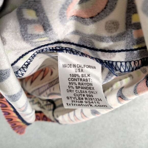 Trina Turk Sheath Dress Womens Size 0 100% Silk Orange Blue Tribal Print Bell - Picture 8 of 12